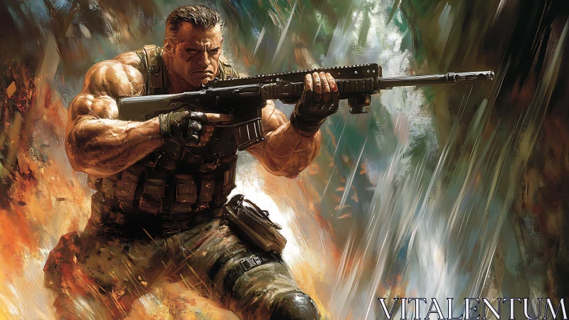 Battle-hardened hero charging through fire and storm.