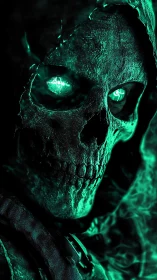 Neon skull warrior glows with spectral radioactive energy.