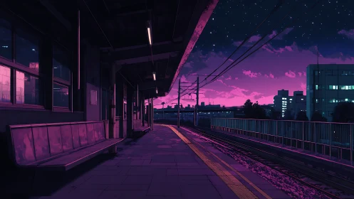 Purple dusk railway platform wrapped in quiet city glow.