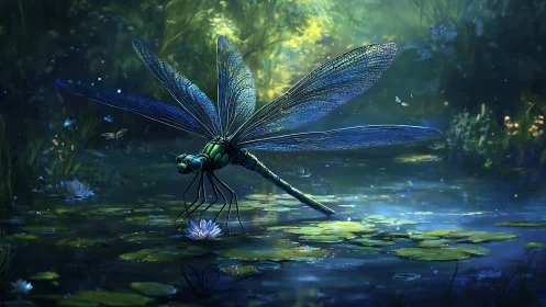 Giant blue dragonfly stands over lily pond in glowing forest