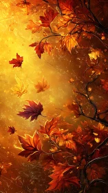 Golden autumn leaves drift gently through warm evening light