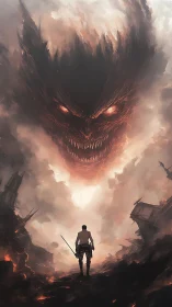 Lone warrior meets blazing sky demon amid ruined city.