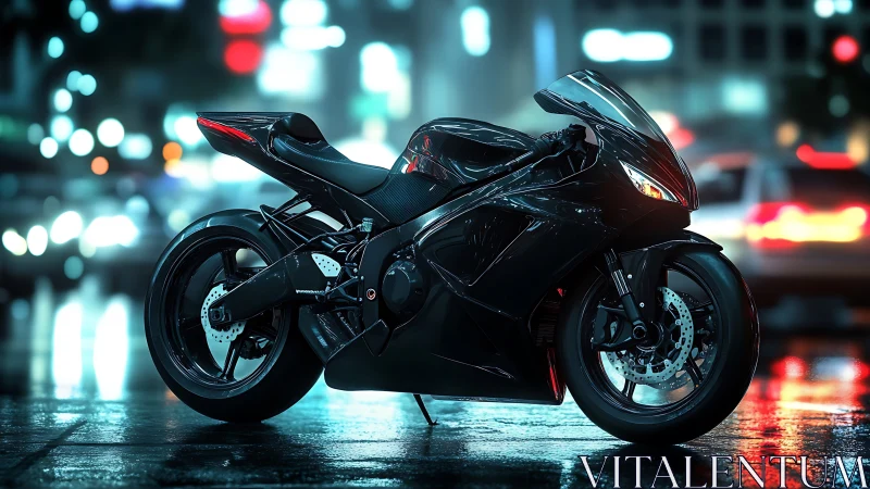 Midnight superbike gleams like liquid obsidian in neon rain.