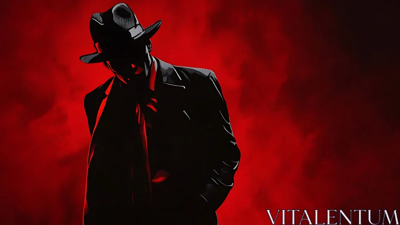 Silhouetted figure in fedora against red atmospheric backdrop.