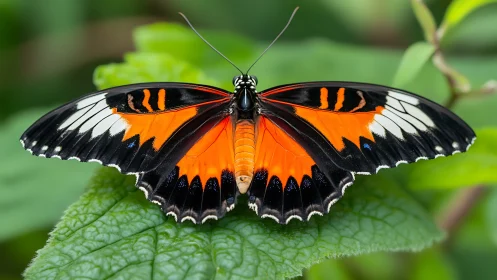 Macro study of orange-black butterfly wing patterning on leaf.
