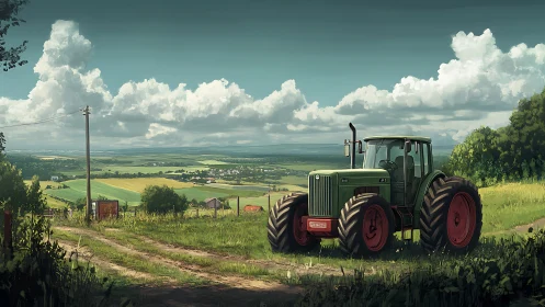 Green tractor stands on rural dirt track above farmlands