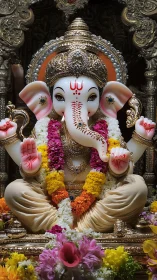 Gilded Ganesh idol with floral garlands in ornate shrine.