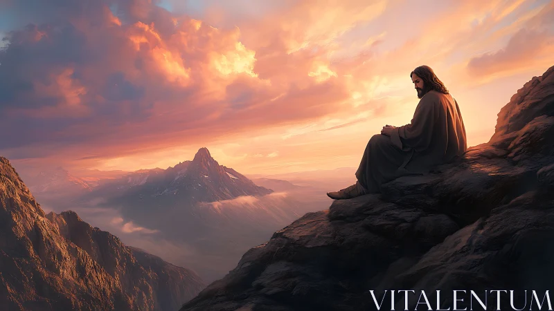 Solitary figure in prayer gazes over sunlit mountain valley