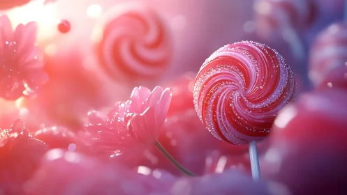 Crystalline swirl lollipop rendered with bokeh depth and luminous particle effects.