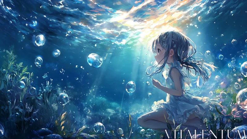 Dreamlit girl kneels beneath the sea’s shimmering sky.