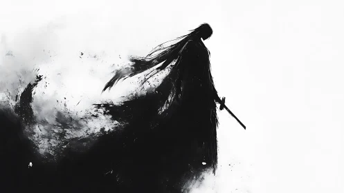 Shadowed swordsman drifts across a storm of ink and light