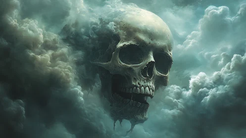 Colossal skull emerges from storm-torn, ghostly clouds.