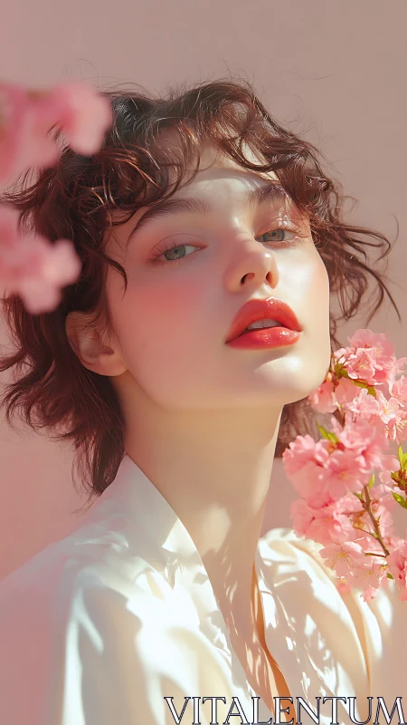 Soft spring portrait bathed in pastel light and blossoms.