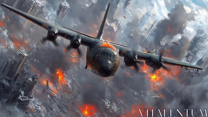 Military transport plane dives low over burning war cityscape