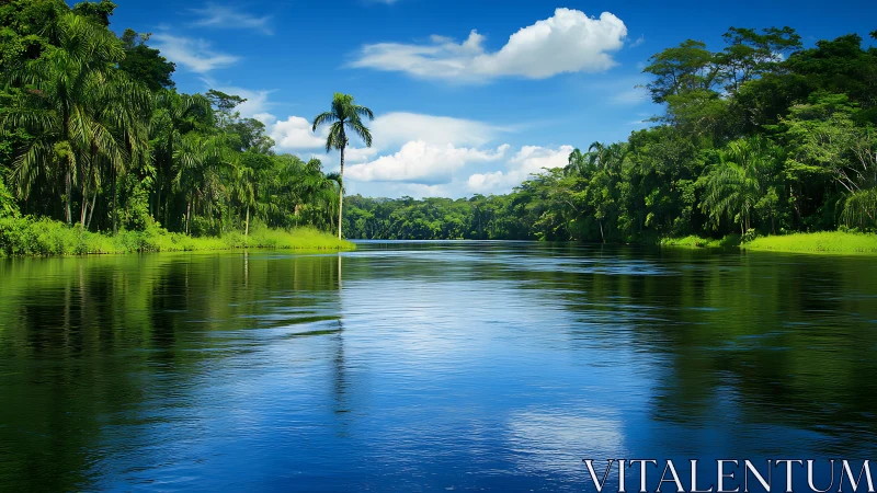 Tropical river bordered by dense green rainforest under sun.