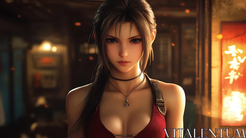 Strong, soft‑spoken heroine in a warmly glowing city street.