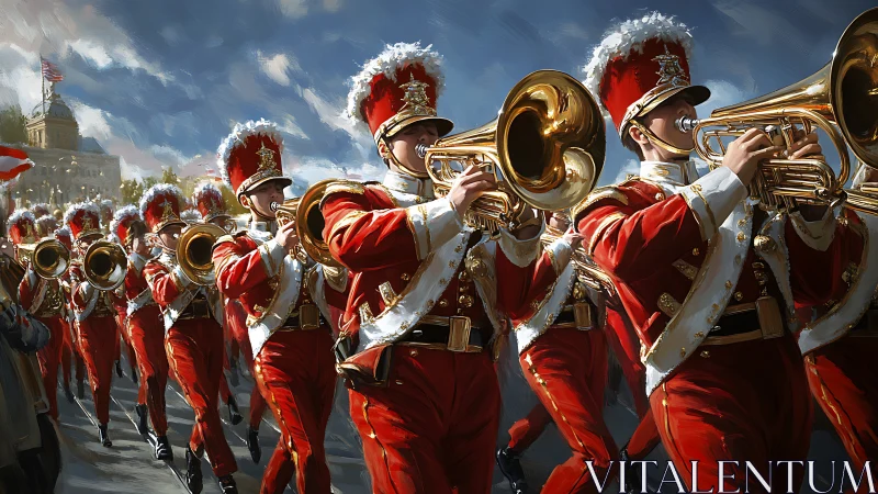 Brass-bright marchers blast sunlight down a city street