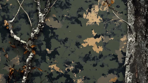 Birch branches and fallen leaves on stagnant water surface