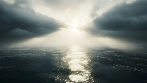Sunlight pierces storm clouds above reflective open ocean