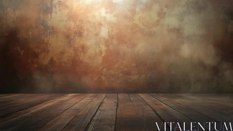 Empty rustic room with wooden floor and textured wall.