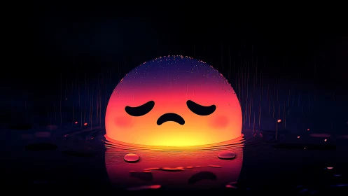 Glowing sad blob resting in the rain with gentle neon light.