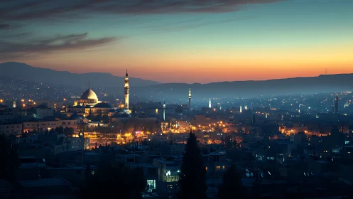 Evening urban skyline shows illuminated city and distant hills
