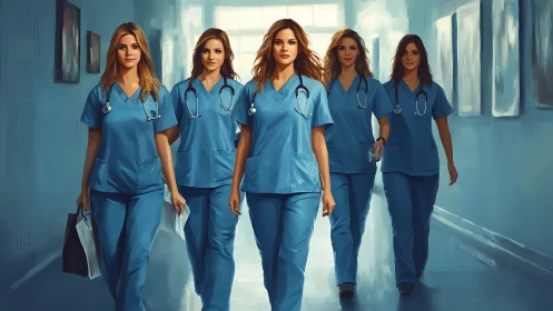 Confident Female Medical Team Walking in Hospital, Digital Art Style.