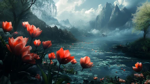 Crimson tulips glow beside a misty mountain lake at dusk