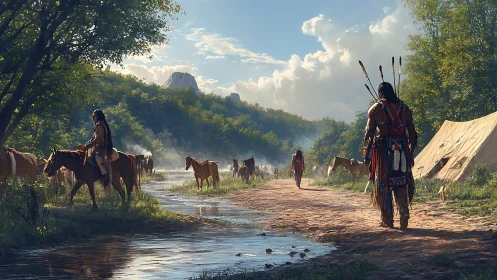 Indigenous riders follow river trail beside forest encampment