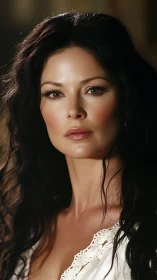 Photorealistic brunette portrait in warm studio light.