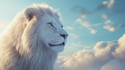 Majestic white lion gazes calmly across a dreamy sky