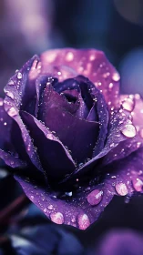 Deep purple rose glistening with water droplets.