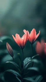 Red Tulips with Water Droplets on Foliage
