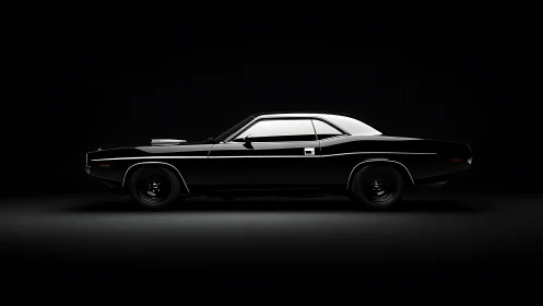 Sleek black muscle car glows dramatically against deep shadow