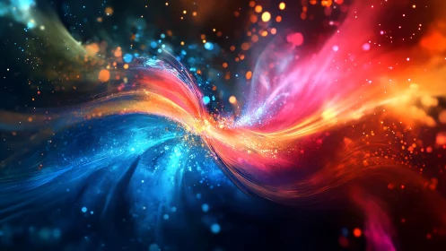 Chromatic energy vortex with flowing blue and red light trails.