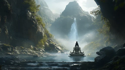 Seated figure meditating before waterfall in mountain gorge.