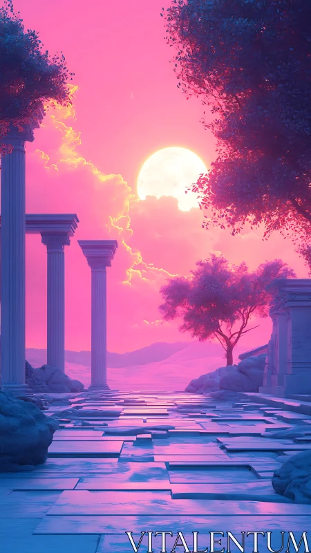 Neon dusk colonnade with lunar horizon and marble path.