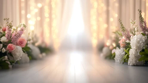 Soft floral aisle decor with blurred warm lights background.