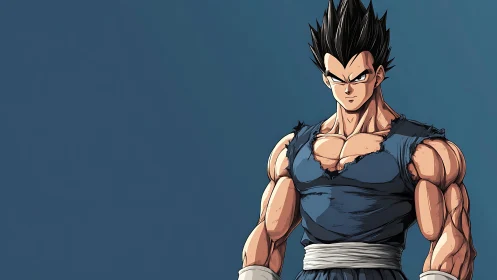 Muscular anime warrior in torn navy gi on blue field.