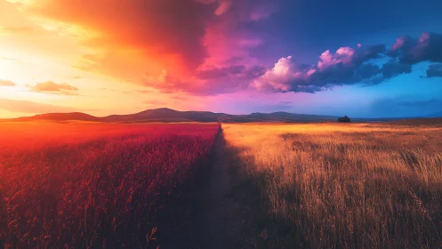 Sunset path divides red and golden fields under vivid sky