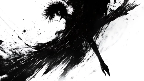 Ink-swept figure emerging from shadows and quiet light.