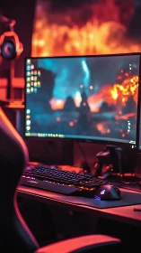 Cozy gaming desk glowing with vivid neon screen light.