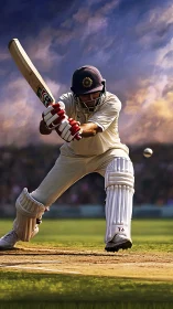 Cricket batter executes front-foot shot on sunlit pitch