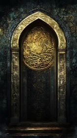 Gilded arched doorway with intricate Arabic calligraphy.