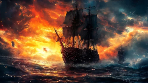 Sailing ship crosses stormy ocean under burning sky tonight