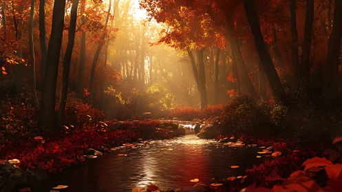 Autumn Forest Stream Bathed in Golden Sunlight