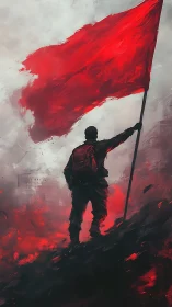 Digital painting of lone protest figure with sweeping red flag.
