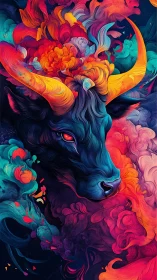 Surreal chromatic bull portrait with swirling fluid forms.
