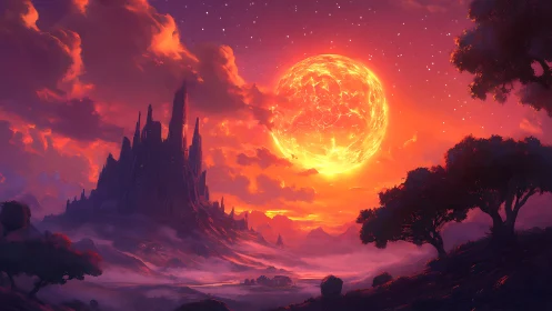 Radiant fantasy sunset over misty valley and dark spires.