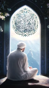 Solitary worshipper contemplates mountain vista under calligraphy